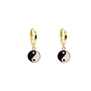 Golden S925 sterling silver hoop earrings with black and white Tai Chi Yin Yang pendants