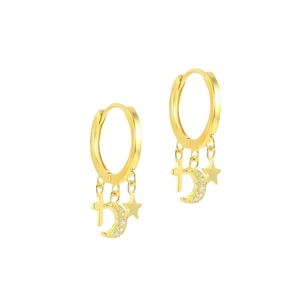 S925 sterling silver gold earrings with moon, star and cross pendants for women