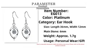 Detailed specs for S925 silver twist leaf earrings with 6mm zircon and 36mm length