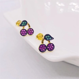 Boucles d'Oreilles Clous Cerise en Argent Sterling 925 pour Femmes Jolies Boucles d'Oreilles Fruits en Strass Rose Vert