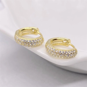 Classic S925 Sterling Silver Three Row Rhinestone Huggie Hoop Earrings Gold Plated Pave Set Full Diamond Jewelry For Women