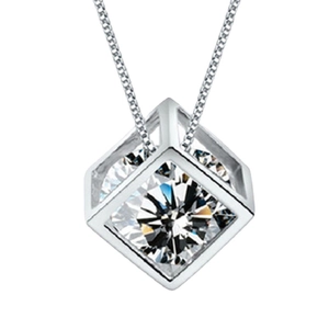 Minimalist S925 sterling silver cube pendant necklace with round brilliant cut center stone