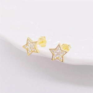 Sparkling S925 sterling silver gold star stud earrings with full cubic zirconia stones