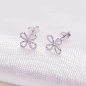 S925 sterling silver hollow clover stud earrings with polished metallic finish