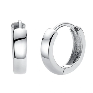 Polished S925 sterling silver hoop earrings with huggie clasp on white background