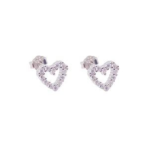 S925 sterling silver hollow heart stud earrings with cubic zirconia stones on white background