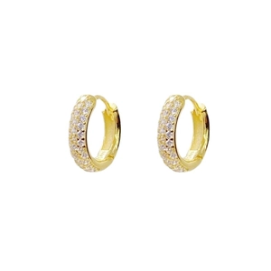 Classic gold S925 sterling silver hoop earrings with triple rows of pavé cubic zirconia