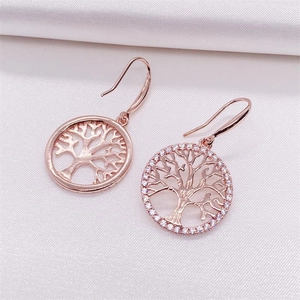 Asymmetric S925 rose gold tree of life drop earrings with micro-set zircon accents