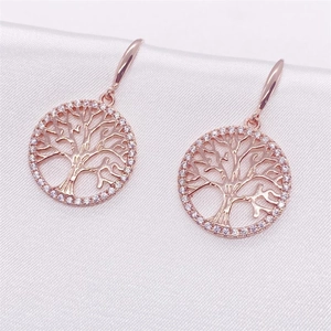 Elegant Tree of Life S925 silver drop earrings with rose gold plating and zircon stones