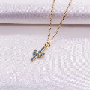 Elegant gold S925 sterling silver necklace with a cactus pendant and blue turquoise stones