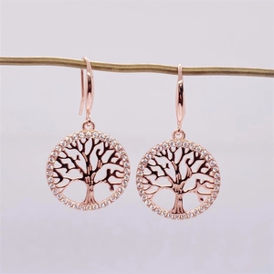 Elegant rose gold S925 sterling silver Tree of Life drop earrings with white zircon accents