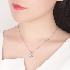 Macro detail of S925 sterling silver snowflake pendant necklace with cubic zirconia