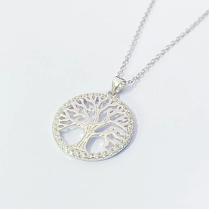 Collier pendentif arbre de vie en argent S925 avec cercle serti de zircons brillants