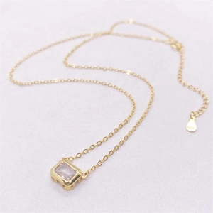 Elegant S925 silver gold-plated necklace with a rectangular pink crystal pendant