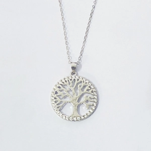 Collier Pendentif Arbre de Vie en Argent Sterling 925 Rétro Rond Ajouré Incrusté de Zirconia Bijoux Cadeau pour Femme Noël