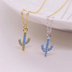 Delicate S925 sterling silver cactus pendant necklaces with inlaid blue gemstones