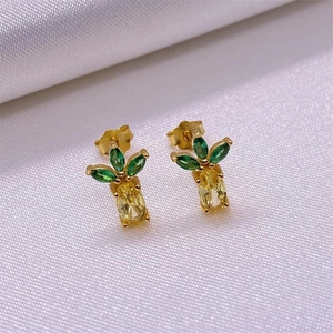 Cute S925 sterling silver pineapple stud earrings with green and yellow gemstones