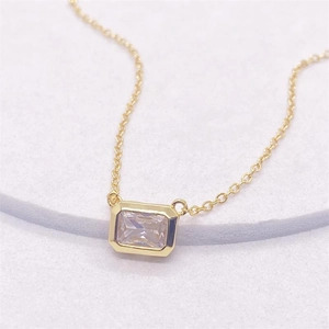 Elegant gold S925 sterling silver necklace with emerald cut clear gemstone pendant