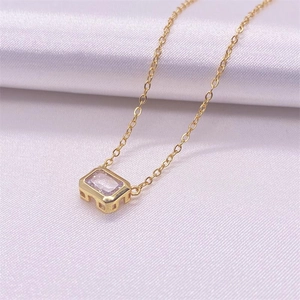 Elegant S925 sterling silver gold necklace with rectangular pink zircon pendant on satin