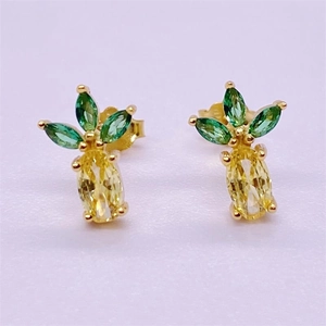 S925 sterling silver pineapple stud earrings with green and yellow gemstones