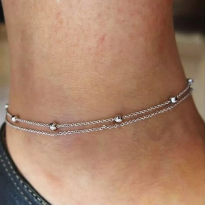 Minimalist double layer S925 sterling silver bead anklet for women on ankle
