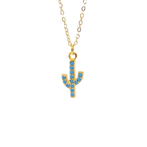 Elegant gold S925 sterling silver necklace with blue crystal cactus pendant for women
