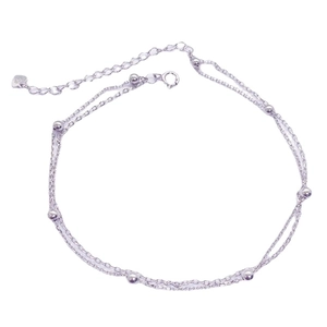 Double-layered S925 sterling silver chain anklet with round beads and heart charm