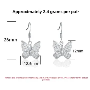 Macro view of S925 sterling silver butterfly drop earrings with size and weight detail