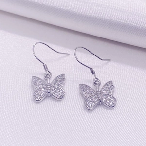 Sparkling S925 sterling silver butterfly drop earrings with full cubic zirconia pave setting