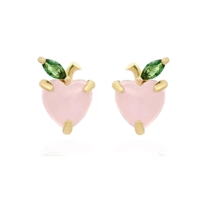 925 Sterling Silver Peach Fruit Stud Earrings For Women Sweet Pink Heart Rhinestone Leaf Earrings Cute Girl Jewelry Gift