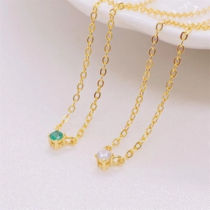 Minimalist S925 silver gold chain necklaces with emerald and clear zircon pendants