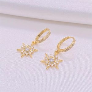Elegant gold S925 sterling silver star dangle earrings with white zircon crystals