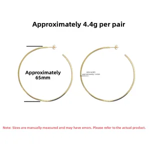 Detail view of large 65mm gold S925 silver hoop earrings with 1.6mm thickness and dimensions