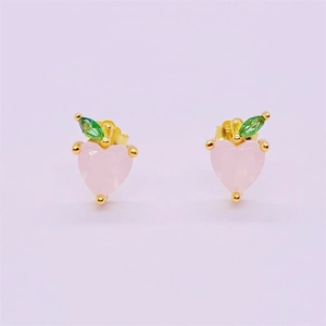 Cute S925 sterling silver peach stud earrings with pink heart crystal and green leaf