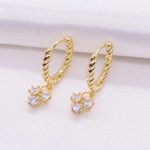 S925 sterling silver gold twisted hoop earrings with three-stone zircon flower pendant