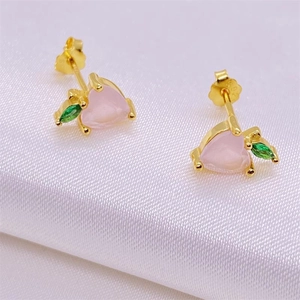 S925 sterling silver peach stud earrings with pink heart stone and green leaf gem