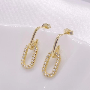 Elegant 18K gold S925 silver earrings with oval links and sparkling cubic zirconia stones
