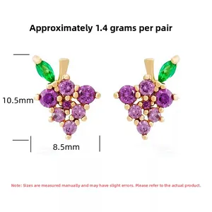 Detail view of purple grape earrings in silver with dimensions 10.5mm by 8.5mm