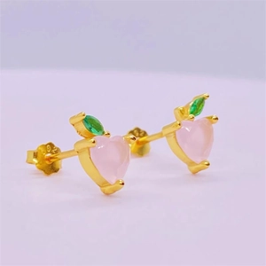 Cute S925 sterling silver peach fruit stud earrings with pink heart crystals