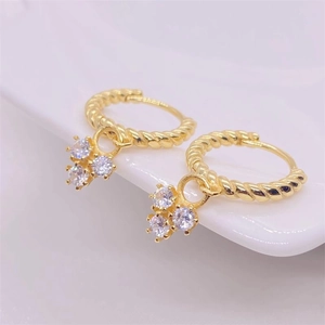 S925 sterling silver twisted hoop earrings with three-stone cluster charms in gold plating