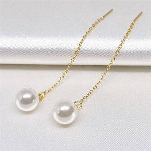 Elegant gold S925 silver threader earrings with white pearl pendants on white silk
