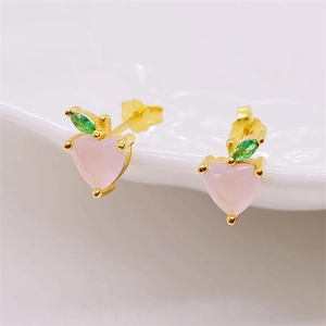Boucles d'Oreilles Pêches en Argent Sterling S925 Coeur Rose Plaqué Or Bijoux de Fruits Doux avec Strass