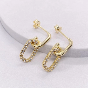 Chic S925 sterling silver gold-plated oval drop earrings with shimmering zircon pavé stones