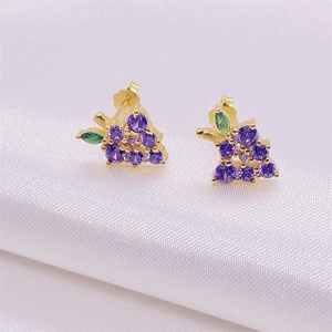 S925 silver grape stud earrings with purple crystals and green leaf on white silk background