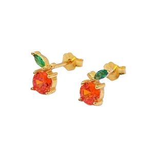 S925 sterling silver red grapefruit stud earrings with orange stone and green leaf