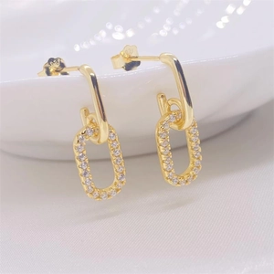 S925 Sterling Silver Square Geometric Drop Earrings For Women Gold Plated Zirconia Inlaid Luxury Korean Style Jewelry