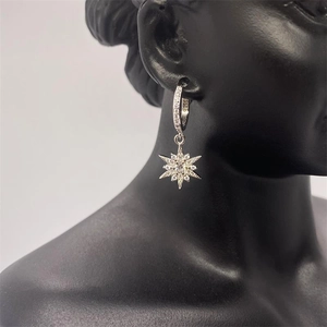 Detailed shot of S925 sterling silver star drop earrings with sparkling cubic zirconia