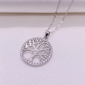 S925 sterling silver Tree of Life necklace featuring a sparkling diamond-set circular frame