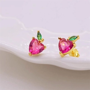 Cute S925 sterling silver apple stud earrings with heart-shaped pink cubic zirconia