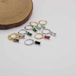 Pendientes de aro de plata S925 con piedras de circón rectangulares de colores